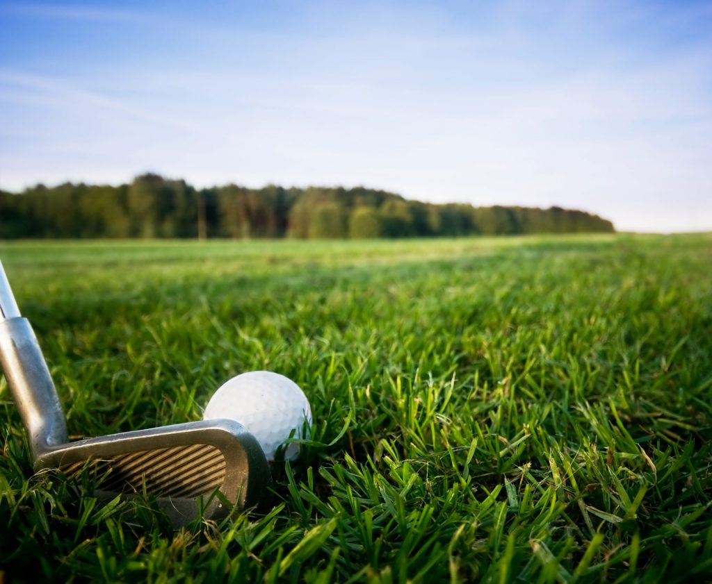 Un gros plan d'un fer prêt à frapper une balle de golf au milieu d'un champ